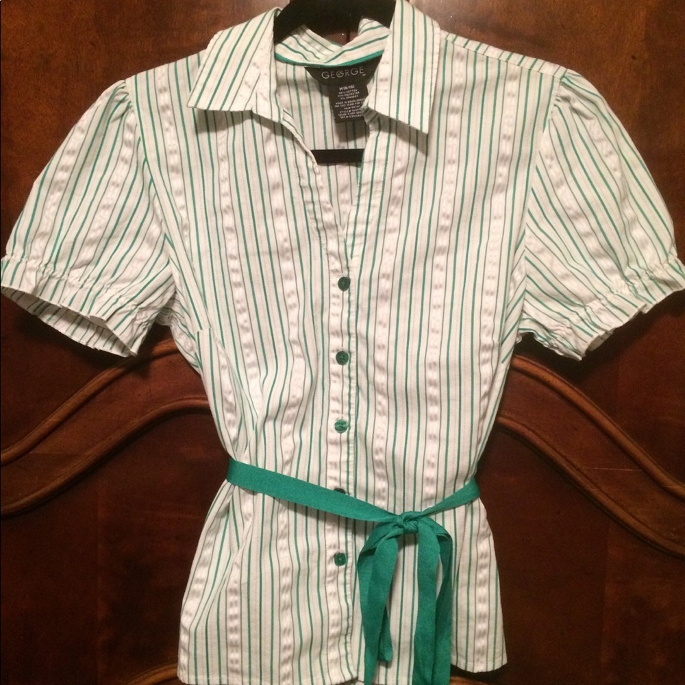 George button front, ribbon tie vneck stripped top